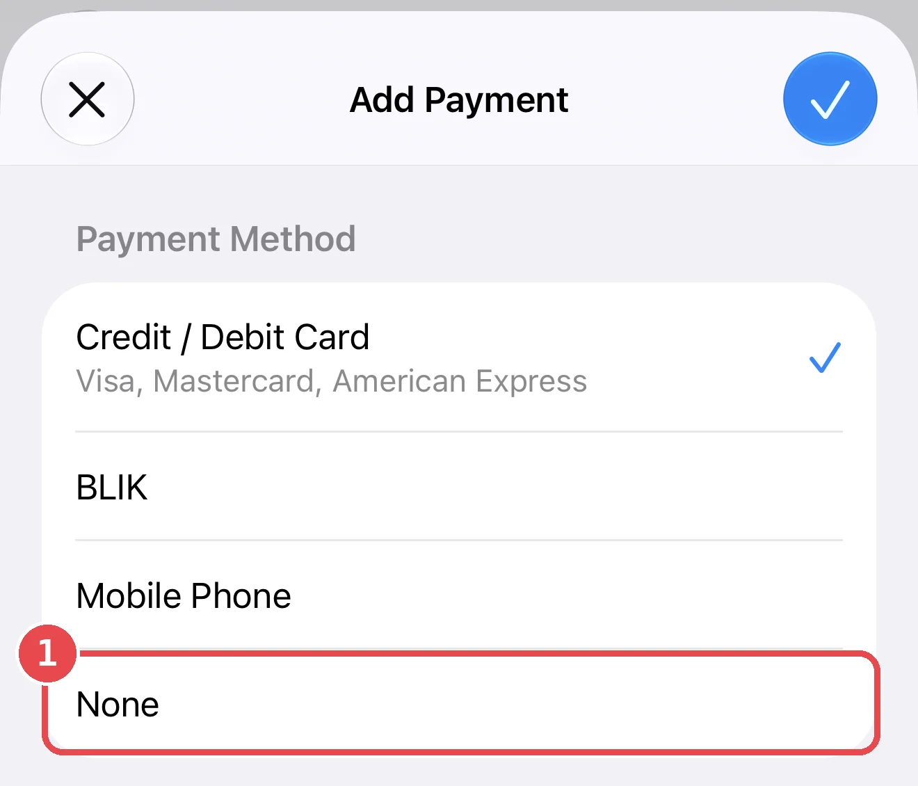 Способ оплаты «Нет» в списке Apple