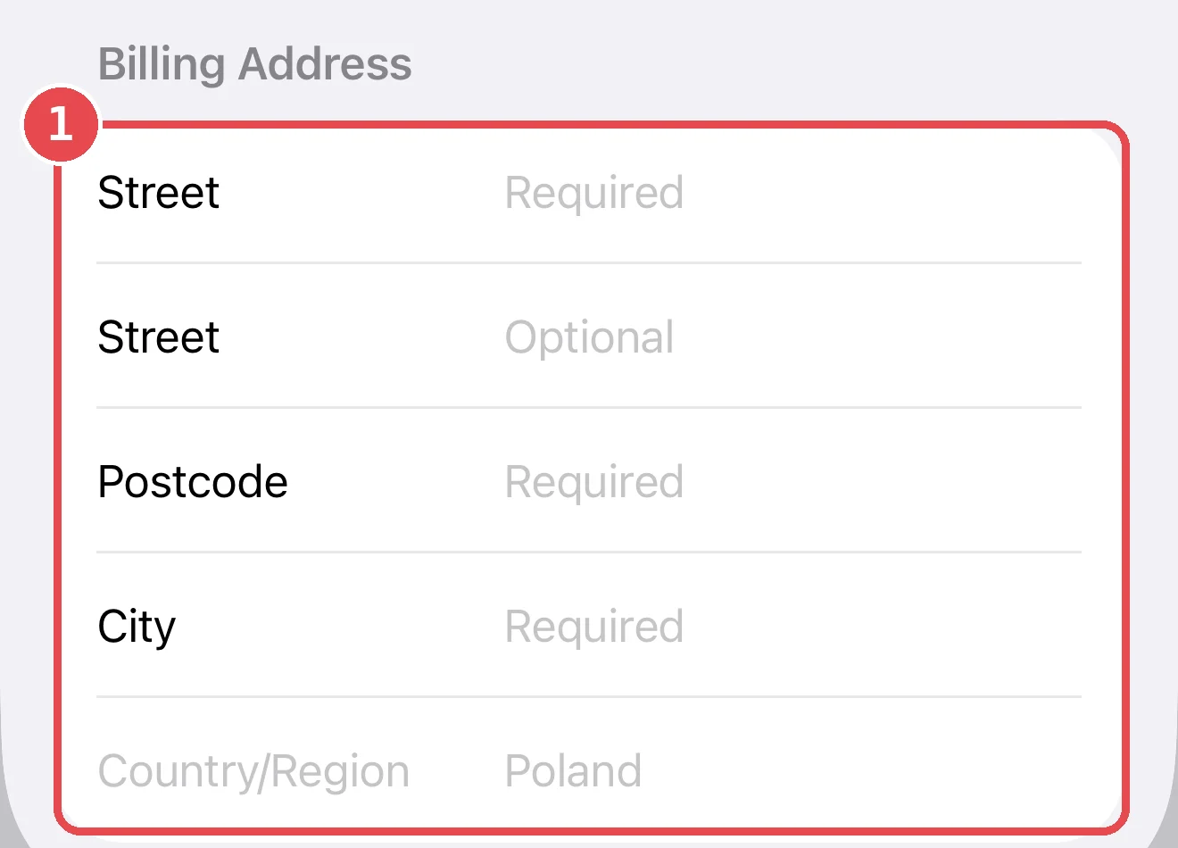 Форма польского адреса в аккаунте Apple