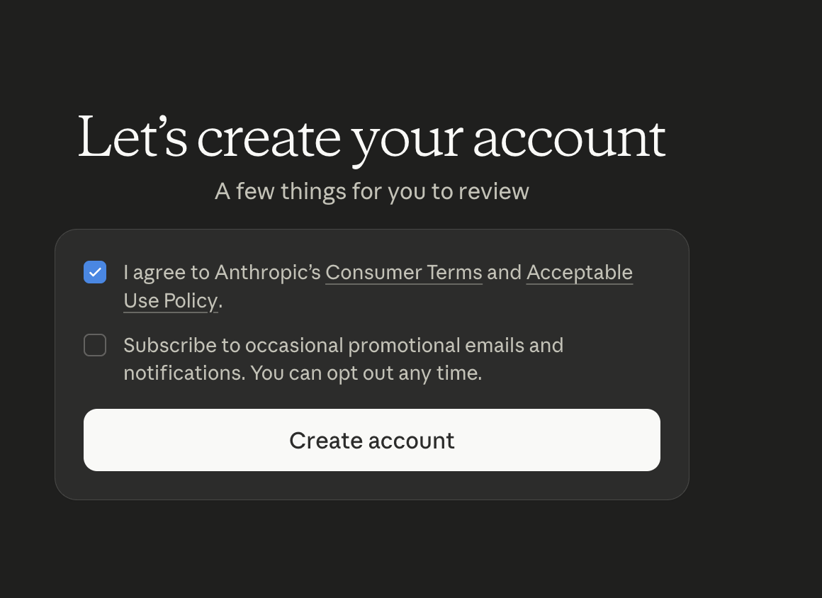 Экран регистрации Claude — Let's create your account
