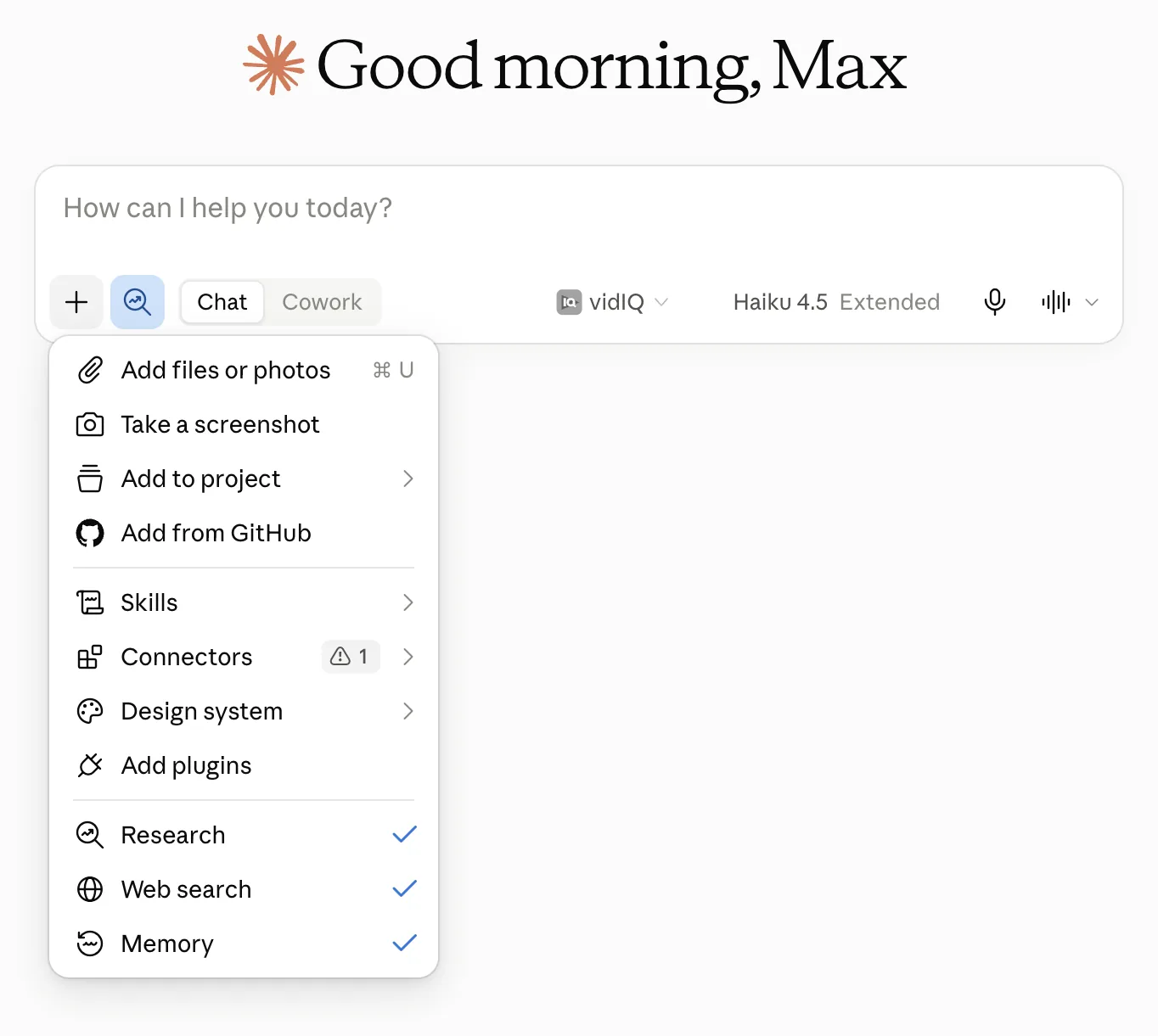 Меню кнопки плюс: Research, Web search и Memory