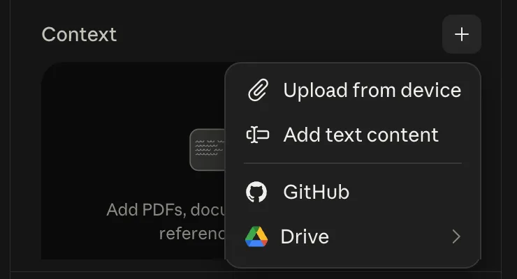 Меню плюса у блока Context: Upload from device, Add text content, GitHub, Drive